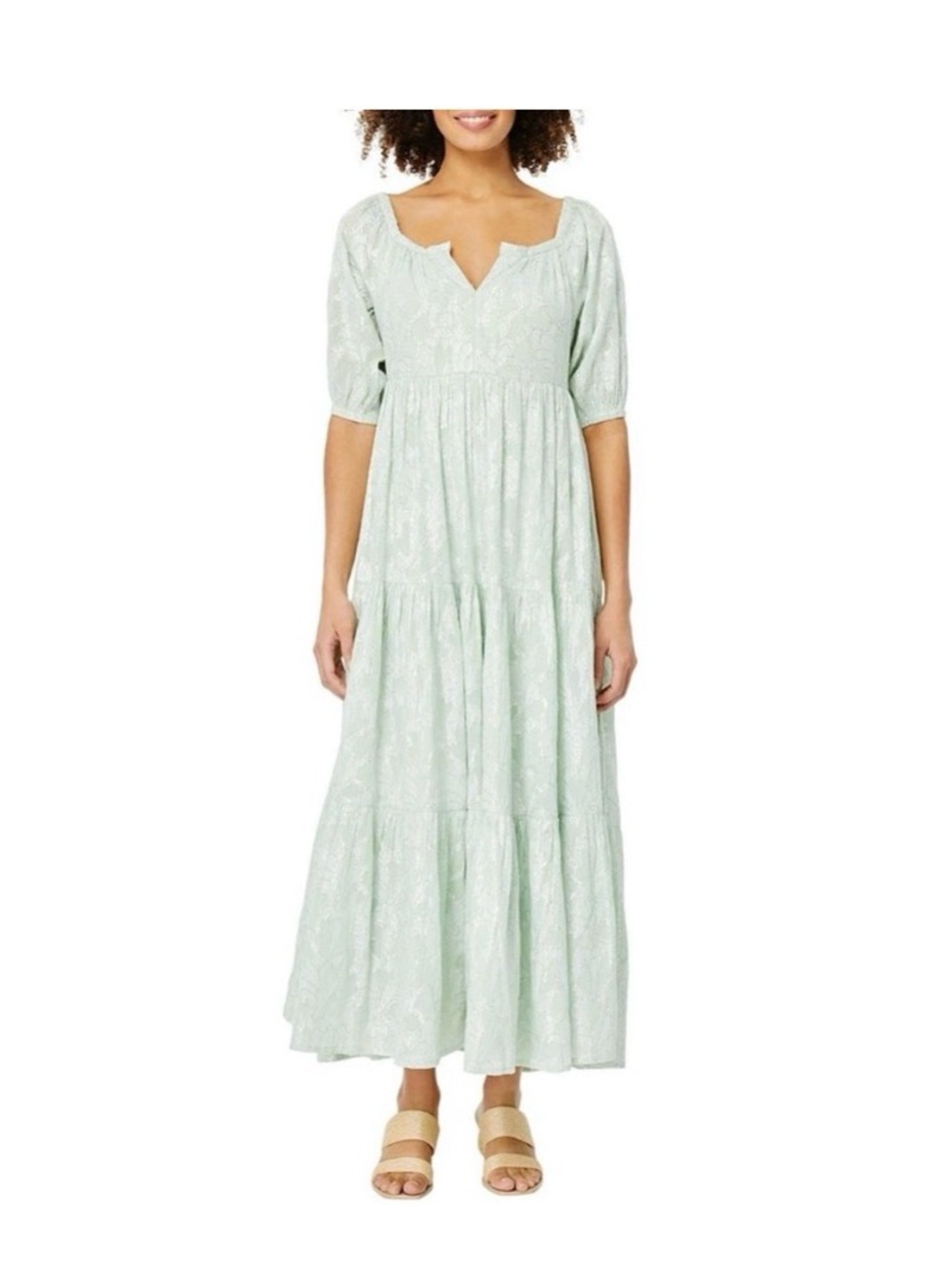 Roller Rabbit Mint Tiered Maxi Dress with silver embroidery